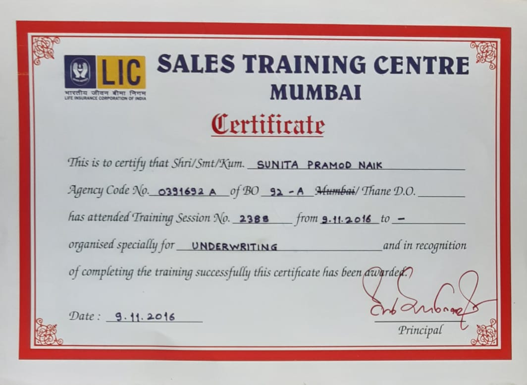 CERTIFICATE FROM SALES TRAINING CENTRE MUMBAI