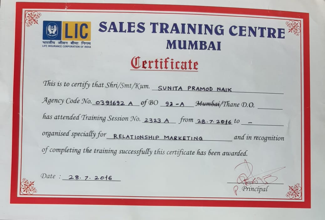 CERTIFICATE FROM SALES TRAINING CENTRE MUMBAI